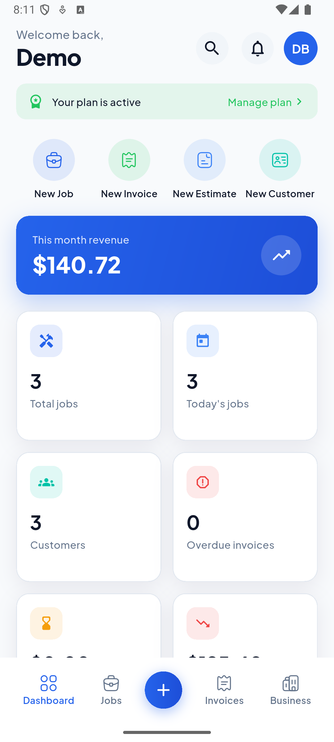 ServiQ field service management app dashboard showing jobs, invoices, and revenue at a glance
