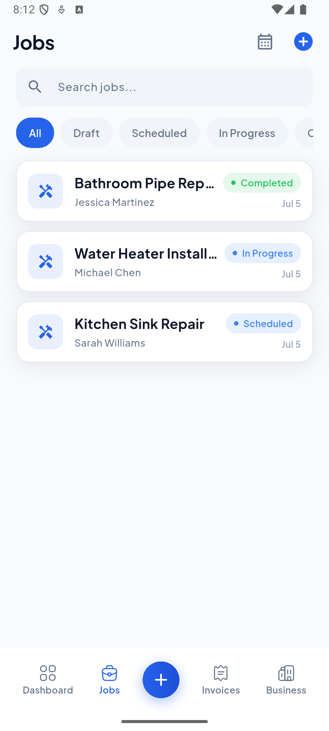 ServiQ job scheduling screen listing scheduled, in-progress, and completed jobs for a service business