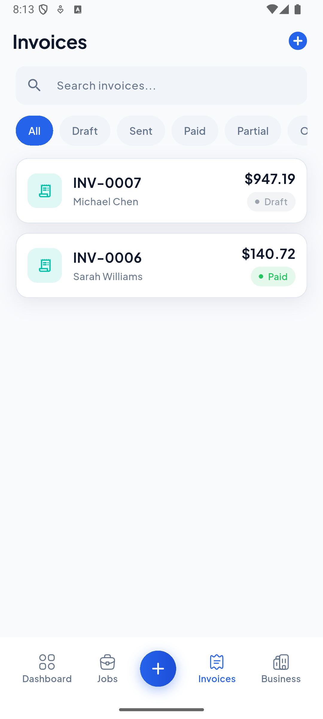 ServiQ invoicing app screen listing draft and paid invoices for customers