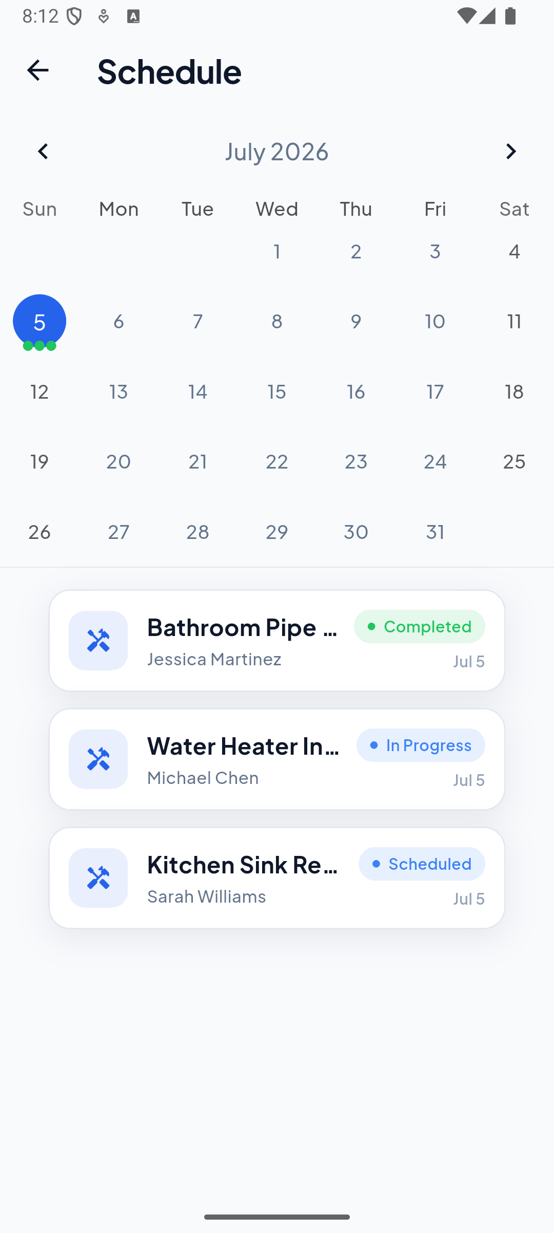 ServiQ calendar view showing scheduled field service jobs by day