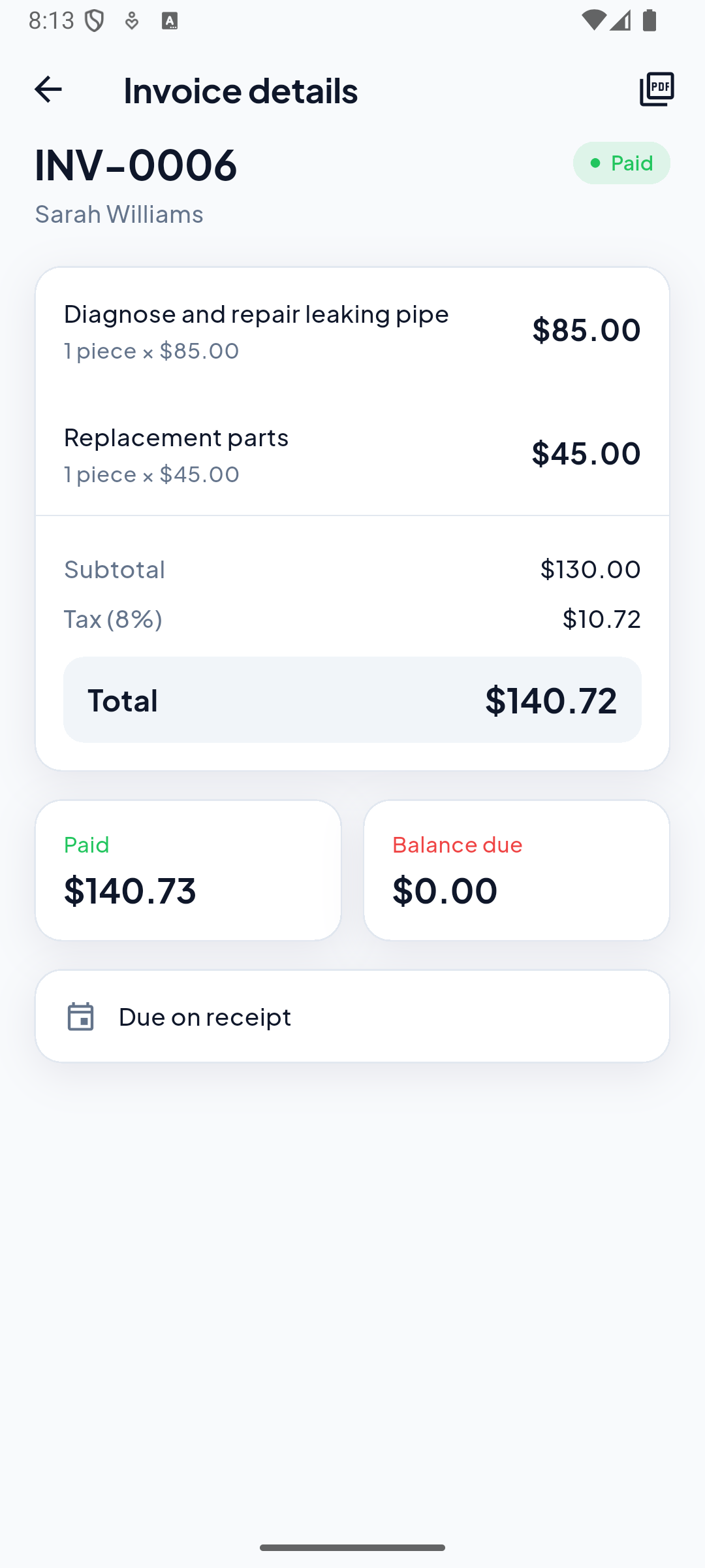 ServiQ invoice detail screen showing line items, tax, total due, and payment status