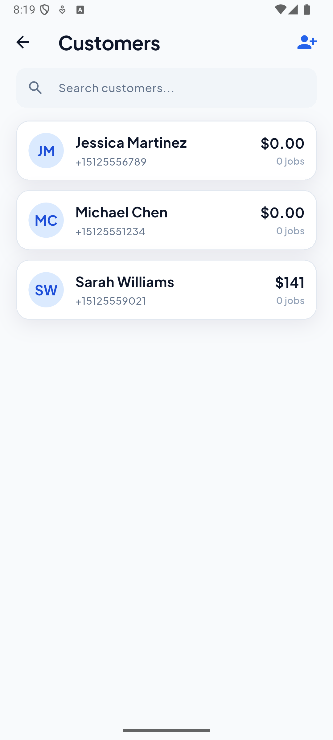 ServiQ customer management screen listing contacts, phone numbers, and job history