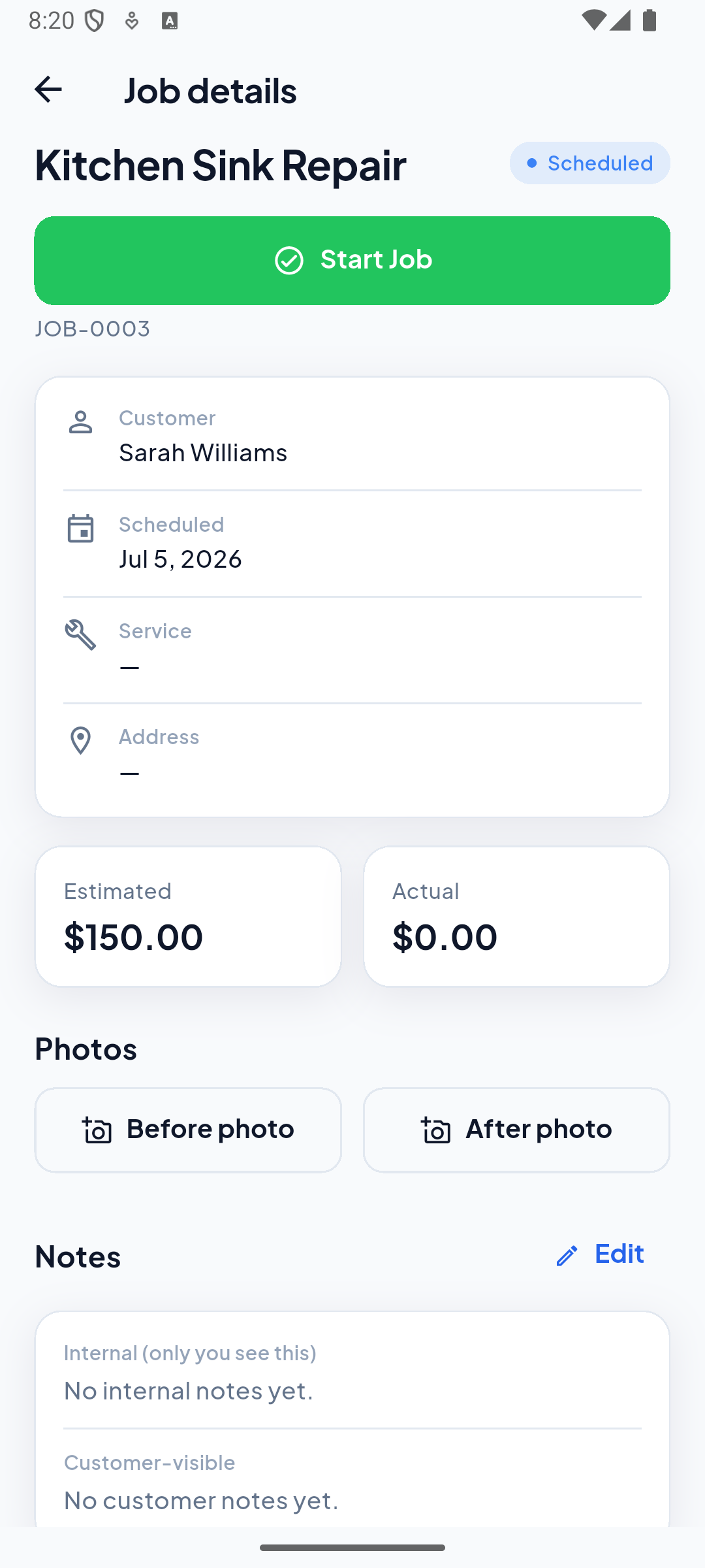 ServiQ job detail screen with before/after photo uploads, internal notes, and customer tags